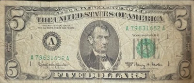 1963A $5 Dollar Bill - Circulated - Yellow Back - Image 1 of 2