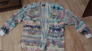 Paula Sweet Muslin Mink Art To Wear Multicolor Cotton Fringe Cardigan Sweater - Picture 1 of 9