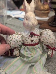 Rabbit Bunny Easter Doll Figurine Shelf Sitter Ceramic Head Handmade Clothing - Picture 1 of 5