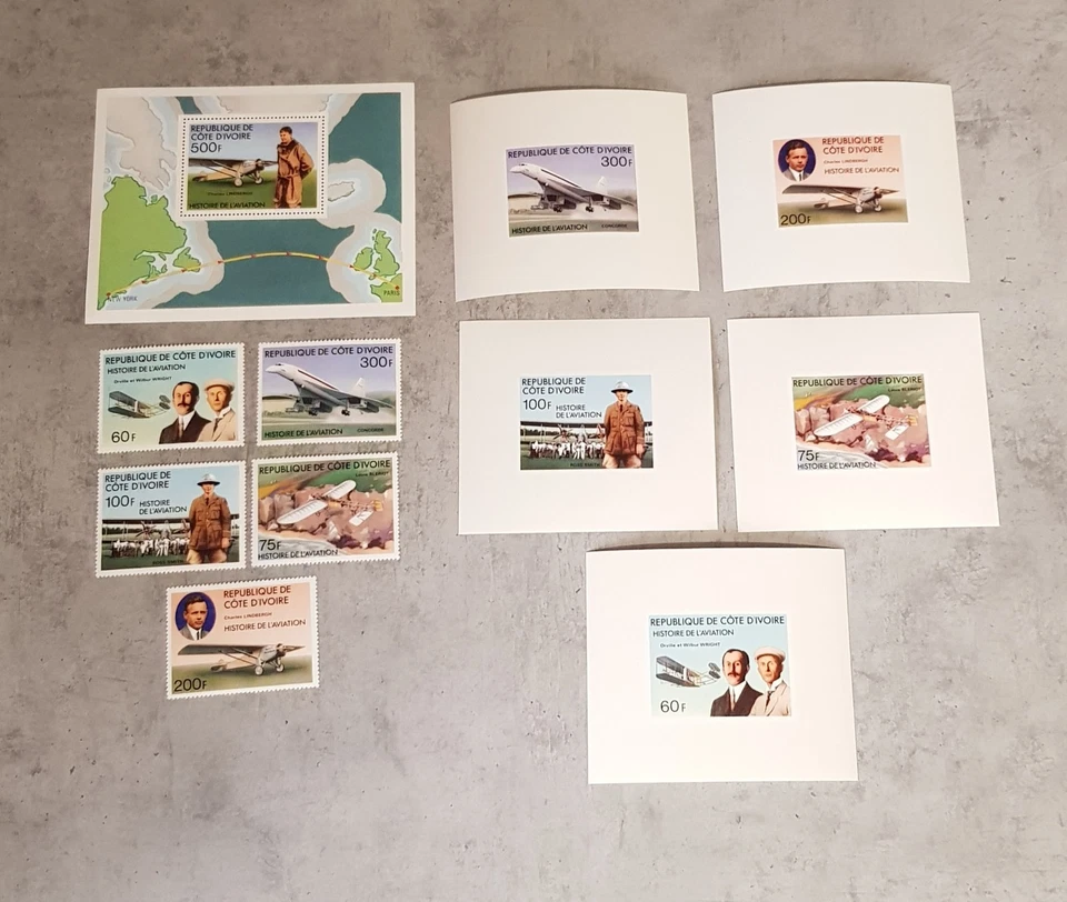 COSTA DE MARFIL - HISTORIA DE LA AVIACIÓN - 1977 - AVIONES - CONJUNTO Y BLOQUE Y 5 BLOQUES LUX MNH Foto 1 de 1