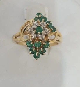 Vintage 10k Gelbgold natürlicher Diamant/Smaragd Cluster/Cocktailring Größe 6,5 - Bild 1 von 15