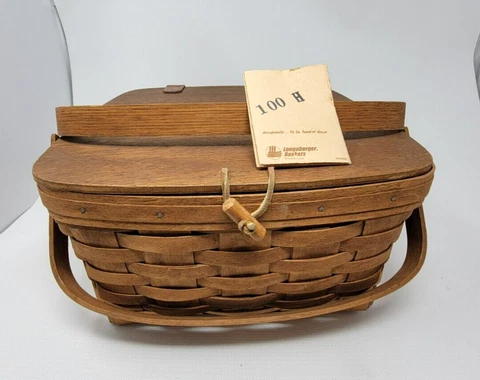 Longaberger Large Picnic Basket with Lid & Insert Tray 1989 GKB 12" x 12" x 7" Cover
