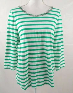 Chicos Damen Top Gr. 1 Grün Weiß Gestreift 3/4 Ärmel Baumwolle Perlen Ausschnitt Medium - Bild 1 von 6