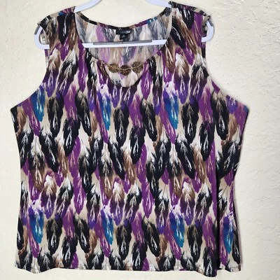 Blusa East 5th Sin Mangas Multicolor Estampado Plumas Cuentas Cuello Cerradura + Talla 3X Foto 1 de 4