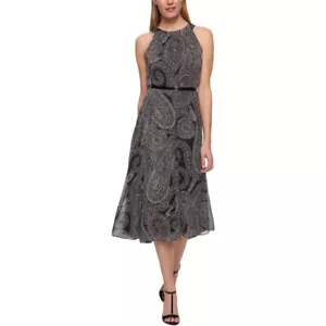 Tommy Hilfiger Paisley Print Chiffon Midi Dress Women's 2 Black Multi Back Zip - Picture 1 of 15