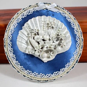 Victorian Style Embroidery Hoop Recycled Brooch Painted White Blue Fabric Lace - Picture 1 of 7