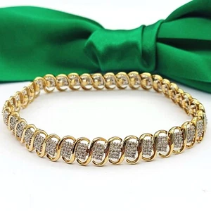 Ladies Yellow Gold 9ct (375,9K) Rare Natural Diamonds Caterpillar Bracelet - Picture 1 of 8