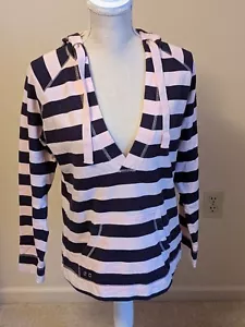 Light Pink And Navy Horizontal Stripped Active Hoodie Preppy Nautical Spring - Picture 1 of 6