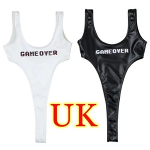 UK Womens Wet Look Lingerie Leather Bodysuit Sleeveless High Cut Leotard Bikini - Picture 1 of 42