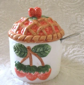 Strawberry Jam~Jelly~Preserves~Dish w/Lid & Spoon~Ceramic~Vintge~Pre-Owned - Picture 1 of 8
