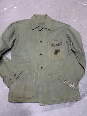 NAMED VINTAGE WWII USMC Marine Corp P47 HBT Chore Herringbone Twill Jacket 40s - Image 1 of 4