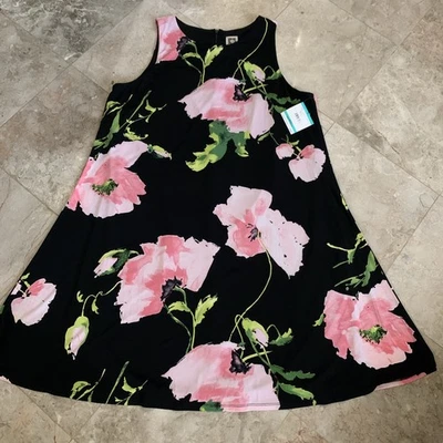 Anne Klein A 字裙 16 黑色粉红色绿色花卉弹力职业教堂新品 — 第 1/4 张图片