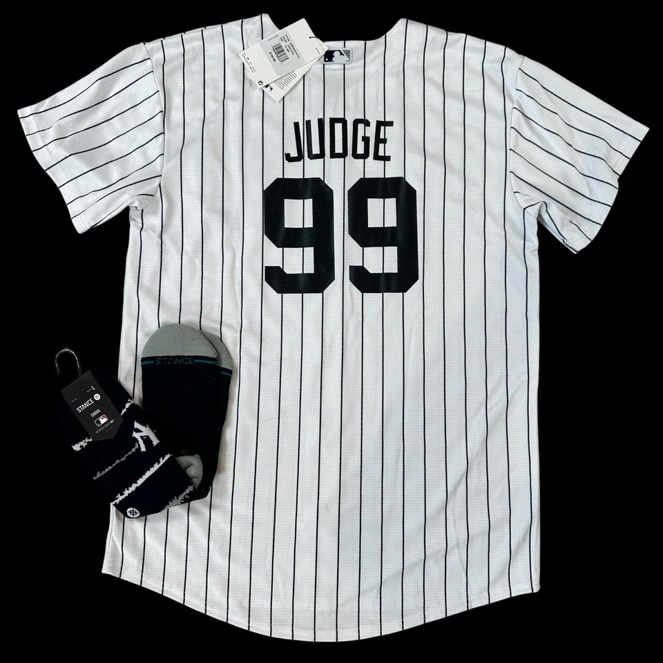 New York Yankees Youth XL Aaron Judge Home Pin Stripe Nike Youth Jersey + Socks - Image 1 of 4