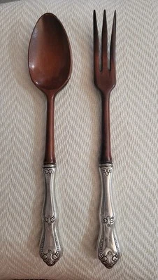 CUCHARA Y TENEDOR DE ENSALADA DE MADERA VINTAGE ASAS ESTERLINAS FRANCIA Foto 1 de 4