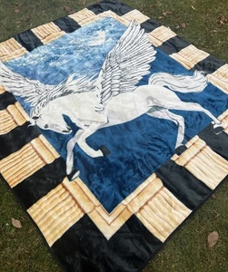 Rare VTG Novatex Pegasus Blanket 92x80" Queen Size Reversible Blue Plush Heavy - Picture 1 of 8