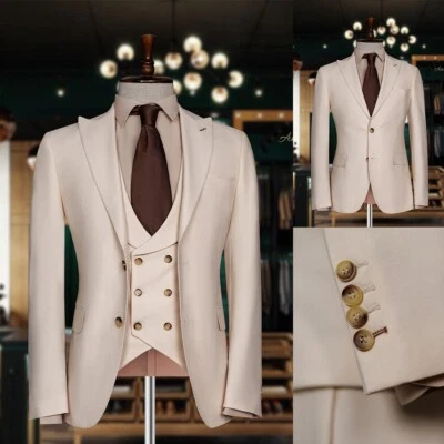 Business Men Suits Slim Fit Formal Prom Peak Lapel Tuxedos Prom Jacket Vest Pant - Image 1 of 4