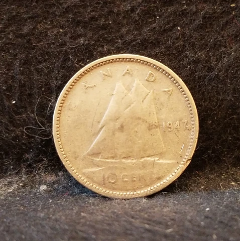 1947 Canada (Dominion) silver 10 cents, George VI, maple leaf, KM-34 (CA8) Cover
