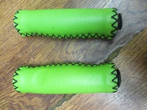 NOS HAND STITCHED HANDLEBAR GRIPS - LIME GREEN & BLACK - Picture 1 of 3