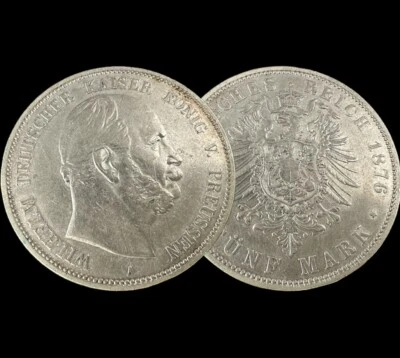 5 Mark Silber Münze 1876 A Wilhelm Deutscher Kaiser König von Preussen Dt. Reich - Bild 1 von 4
