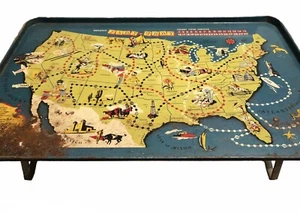 VINTAGE Mid-century REPLOGLE PLAY TRAY Metal Tin Folding Game Lap Stand USA Map - Picture 1 of 8