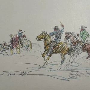 MARJORIE REED DRAWING LISTED FAMOUS Sketch BUTTERFIELD STAGECOACH Horses Rare - Picture 1 of 11