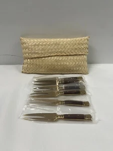VTG Thai Bronze Wood Handle 2 Pronged Cocktail Forks Set Of 6 New In Pkg - Picture 1 of 4