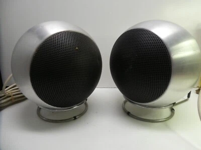 PAIR VINTAGE GRUNDIG HIFI BOX 210a ALUMINIUM BALL SPEAKERS & STANDS MID CENTURY - Image 1 of 4