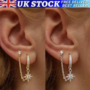 Chain Earrings Silver Double Piercing Stud Hoop Earrings 14K Gold Huggie Earring - Picture 1 of 15