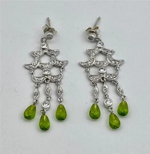 925 Sterling Silver Vintage Style Clear CZ's & Peridot Drops Dangle Earrings - Picture 1 of 5
