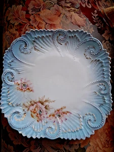 Viktorianische Porzellan Türkis Blau Servierplatte mit Handbemalten Mohnblumen - Bild 1 von 6