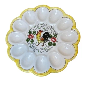 Ancienne assiette à oeufs du diable coq et roses par Ucagco PY Provincial - Photo 1/5