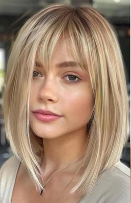 Ombre Beige Blonde Highlight 100% Human Hair Wigs with Bangs Bob Lace Front Wigs - Image 1 of 3