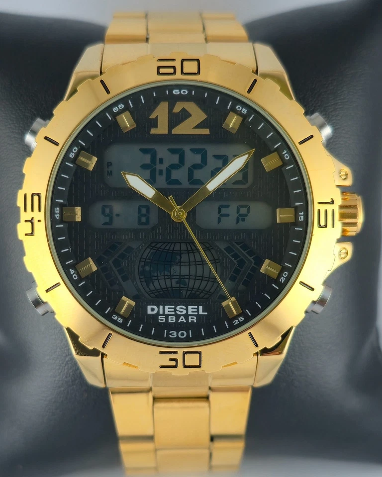 Reloj pulsera de cuarzo de lujo Diesel para hombre analógico-digital esfera negra caja chapada en oro Foto 1 de 4