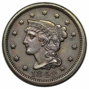 Centavo grande cabello trenzado 1848, raro N-30, R5+, MDS (b) anverso cud - Imagen 1 de 3