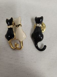Vintage Enamel Cat Pins (2) Duel Black & White w Collars Matching Lapel Pin