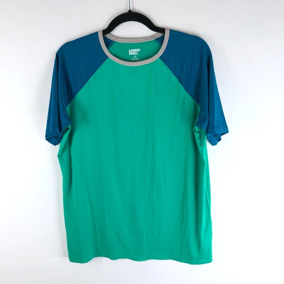 Lands' End Boys Athletic T-Shirt Rash Guard Raglan Short Sleeve Green Blue XXL - Image 1 of 4