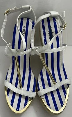 Charlotte Russe White High Heel Wedge Espadrille Gold T-Strap And Tip Size 9 New - Image 1 of 4