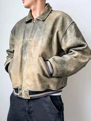 Oversized Distressed Leather Bomber Jacket – Unisex Vintage Retro 90s timeless - Image 1 of 4
