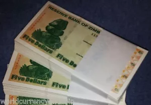 ZIMBABWE 5 DOLLARS P-93 2009 X 100 Pcs Lot BUNDLE AA ROCK DAM UNC MONEY BANKNOTE - Picture 1 of 4