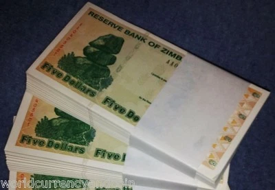 ZIMBABWE 5 DOLLARS P-93 2009 X 100 Pcs Lot BUNDLE AA ROCK DAM UNC MONEY BANKNOTE - Image 1 of 4