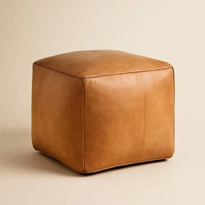 Moroccan Leather Ottoman Pouf – Square Camel Brown Handmade Floor Cushion - Image 1 of 4