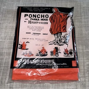 Vintage Rain Poncho with Parka Hood By Hampshire 52x80 Ground Cloth Orange 80s - Picture 1 of 4