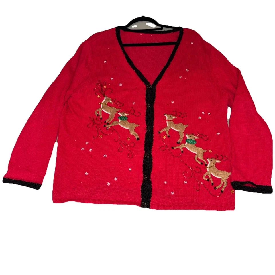 Suéter de Natal renas frente de encaixe com miçangas GG/G? Festa Sparkle Office Vovó - Imagem 1 de 4