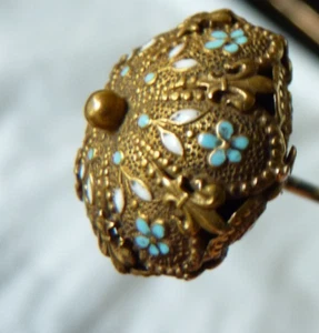 Antique Stamped 14K Yellow Gold 8" Hatpin Vintage Blue Enamel Forget Me Not - Picture 1 of 5