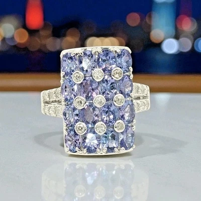 18K White Gold Natural Diamond & Tanzanite Checkered Ring Size 6.25 MSRP $2,099 - Image 1 of 4