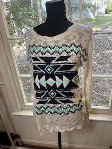 Pink Rose Women's XL Knit Sweater Southwest Aztec Design Tan Teal Black - Picture 1 of 8