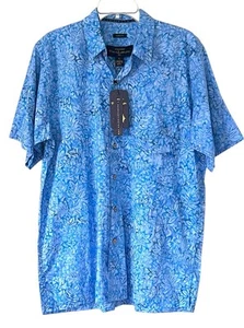 Pete Huntington Handcrafted Bali Batik Hawaiian Blue Shirt Button Down Sz L - Picture 1 of 5