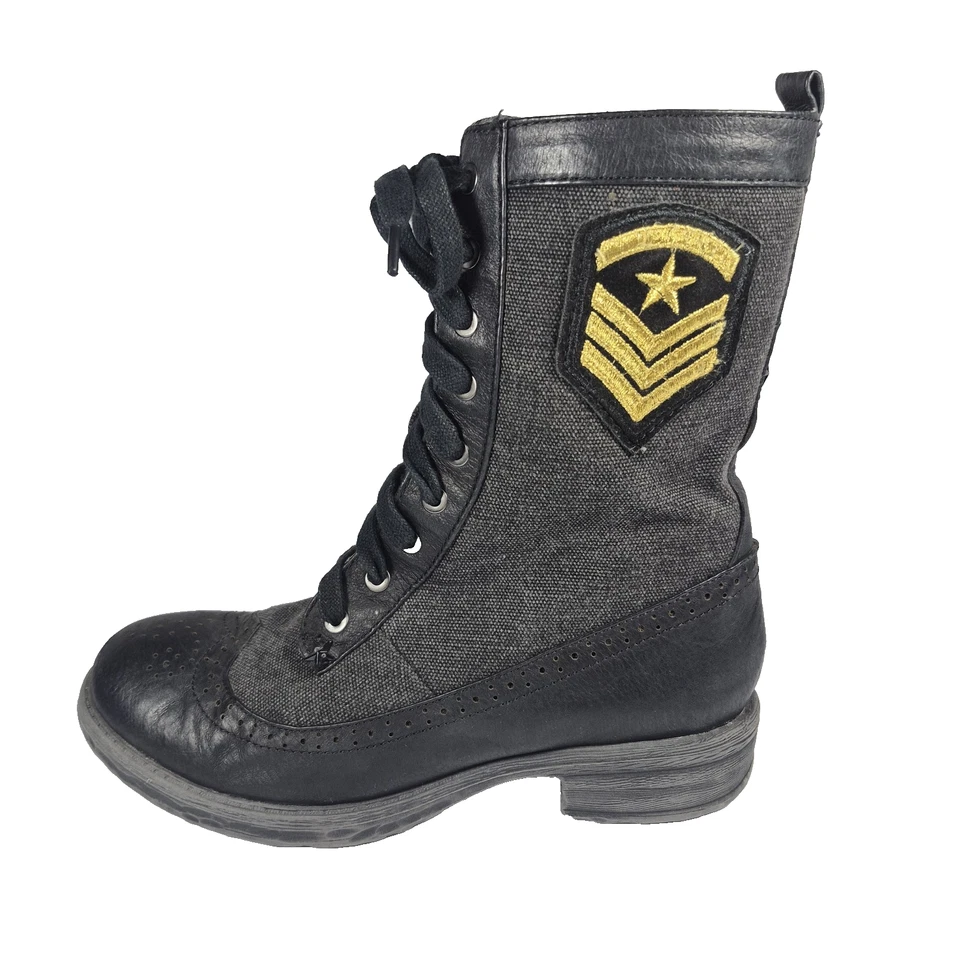 Very Volatile 女式 Combat Grunge 朋克靴黑色皮革帆布花边拉链 7 — 第 1/4 张图片