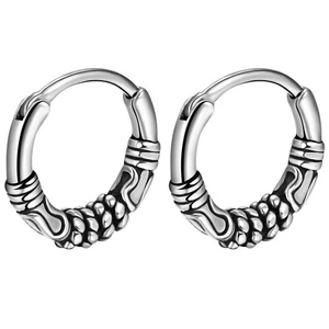 Men Women's Punk Polished Beaded Hoop Huggie Stainless Steel Ear Stud Earrings - Picture 1 of 13