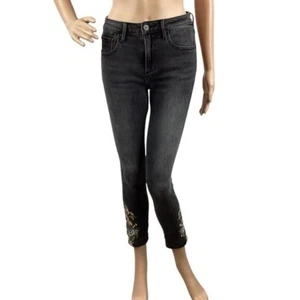 Driftwood Jackie Floral Embroidered Black Ankle Skinny Jeans 25 - Picture 1 of 8